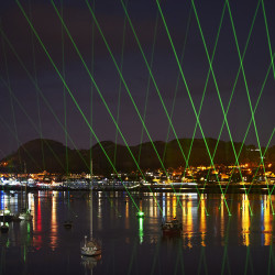 Lasers pulsing Thank You into the estuary and heavens